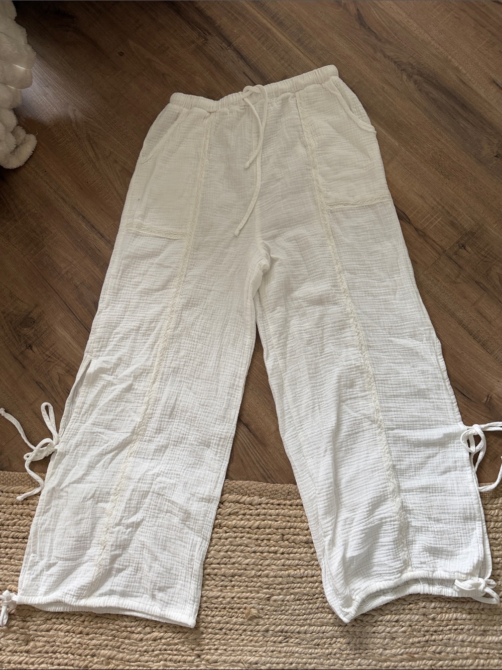 Stitch and Feather White Drawstring Lightweight Cotton Pants